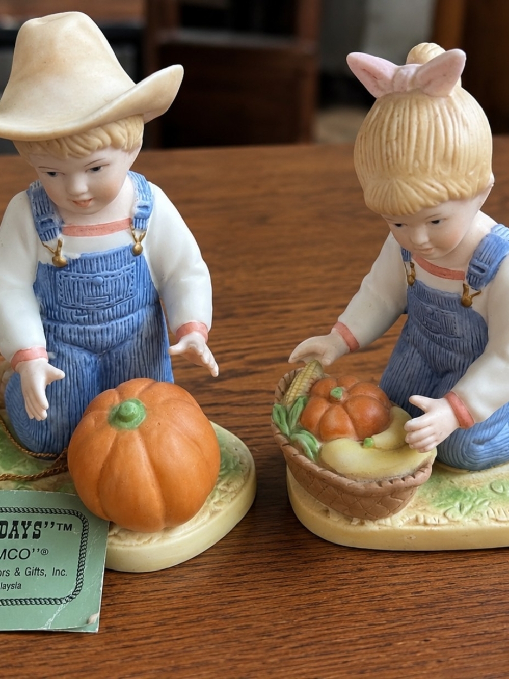 Homco Fall Children Figurine Pair in Blue, Cream and Orange